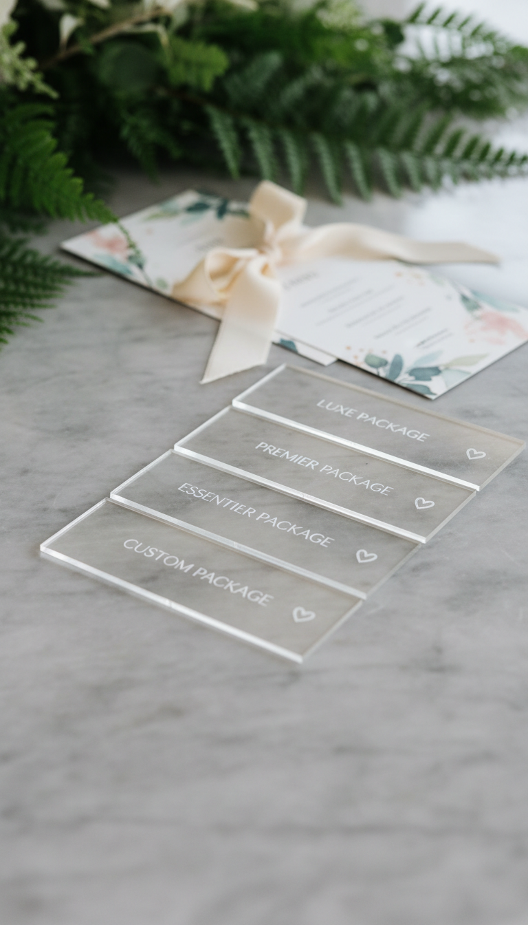 A sophisticated arrangement of four minimalist acrylic display cards arrayed in a gentle arc on a smooth grey marble tabletop, each card elegantly engraved with a different photobooth package name and minimalist heart icon. The delicate translucency of the cards catches the ambient, soft white light, which creates subtle gradients and refined reflections across the glassy surfaces. The blurred background includes tasteful greenery and a discreet, silk ribbon-tied menu in muted colors, suggesting a stylish event environment. Captured from an eye-level, slightly angled perspective, the composition employs the rule of thirds, gently guiding the eye across the product options. The overall mood is calm and discerning, aligning with a clean, modern, and sophisticated business image for the photobooth’s pricing presentation.